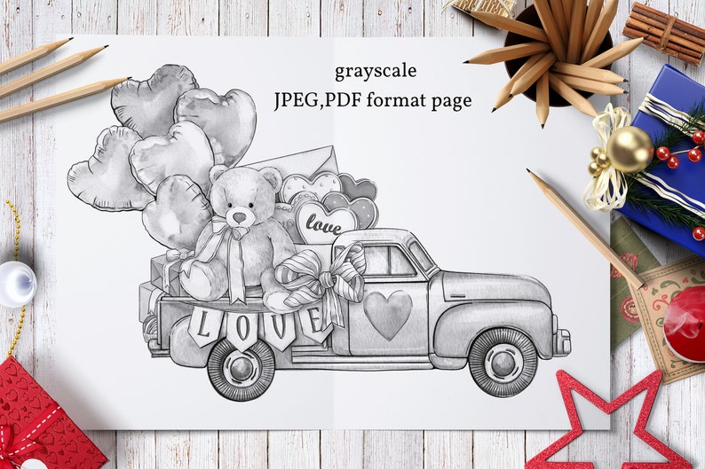 Valentine's Day Truck With Bear Adult Coloring Pagelove - Etsy