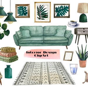 Clipart de conception de maison moderne, créateur de scène de décoration d'intérieur, meubles modernes d'intérieur, bohème, autocollant de planificateur imprimable tendance, téléchargement numérique