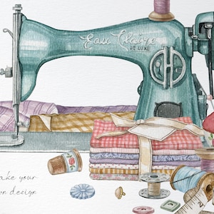 May include: A vintage teal sewing machine with the text "Eau Claire De Luxe" on the side. The machine is surrounded by various sewing supplies, including spools of thread, a thimble, a pincushion, and a stack of fabric scraps. The text "Make your own design" is written below the machine.