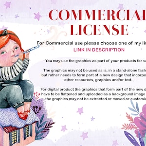 May include: A watercolor illustration of a girl with red hair playing a flute. She is sitting on a pink and purple house with a white roof. The background is a light purple with white stars. The text "COMMERCIAL LICENSE" is in red letters at the top of the image. The text "For Commercial use please choose one of my licenses LINK IN DESCRIPTION" is below the title. The text "You may use the graphics as part of your products for sale. The graphics may not be used as is, in a stand-alone fashion, but rather needs to form part of a new design that incorporates other resources, graphics and/or text. For digital product the graphics that form part of the new design have to be flattened and uploaded as a background image where the graphics may not be extracted or moved or customized." is below the title.