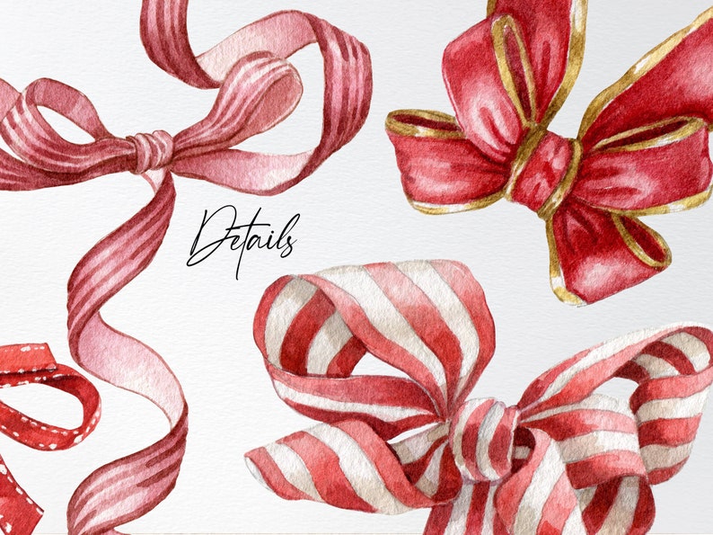 Op de afbeelding: Drie aquarel illustraties van rode en witte strikken. De eerste strik is een eenvoudige lus met een enkele knoop. De tweede strik is een meer uitgebreide strik met een middelste knoop en twee lussen. De derde strik is een gestreepte strik met een middelste knoop en twee lussen.