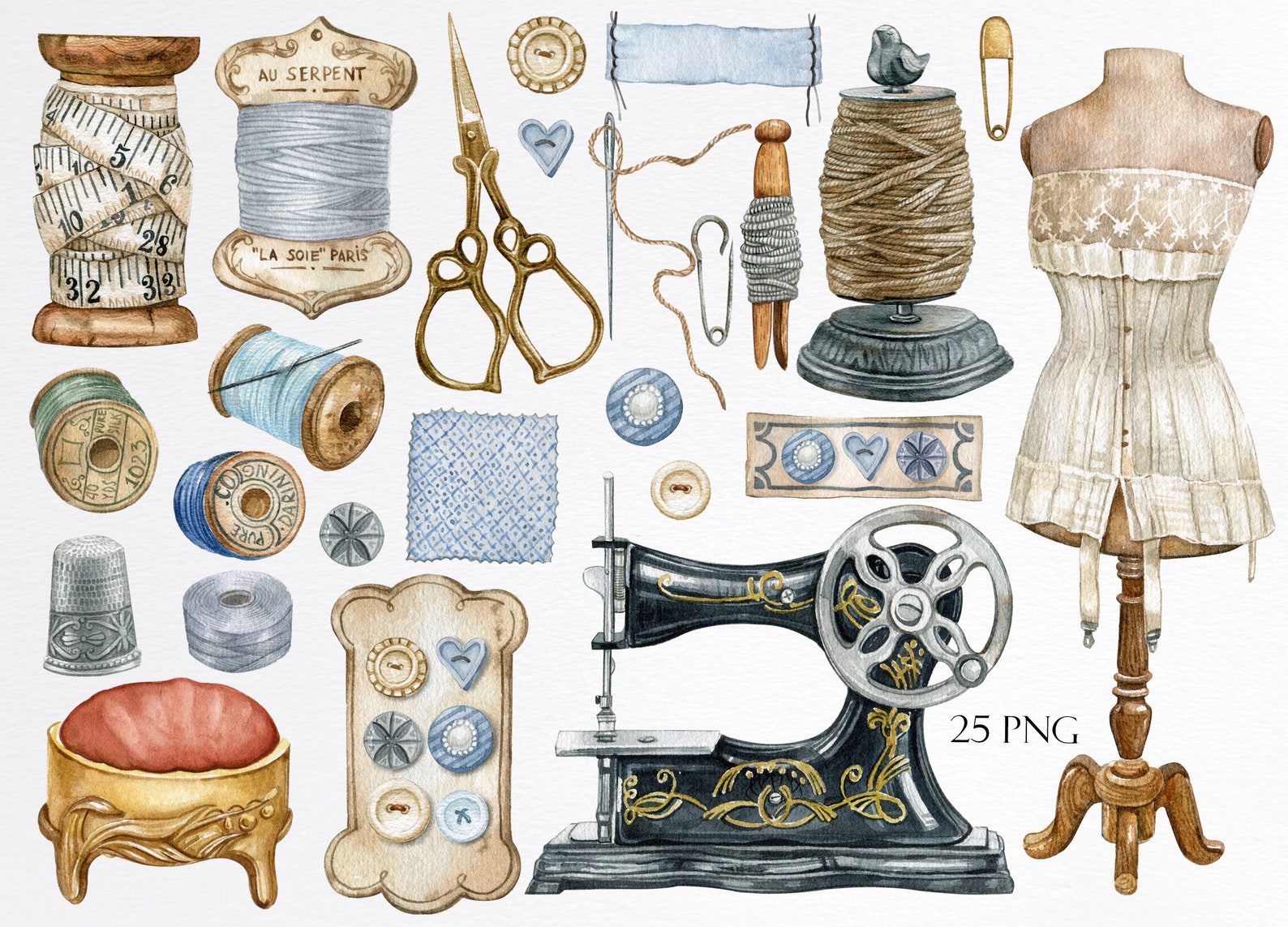Watercolor Vintage Sewing Kit Clipart.embroiderysewing | Etsy