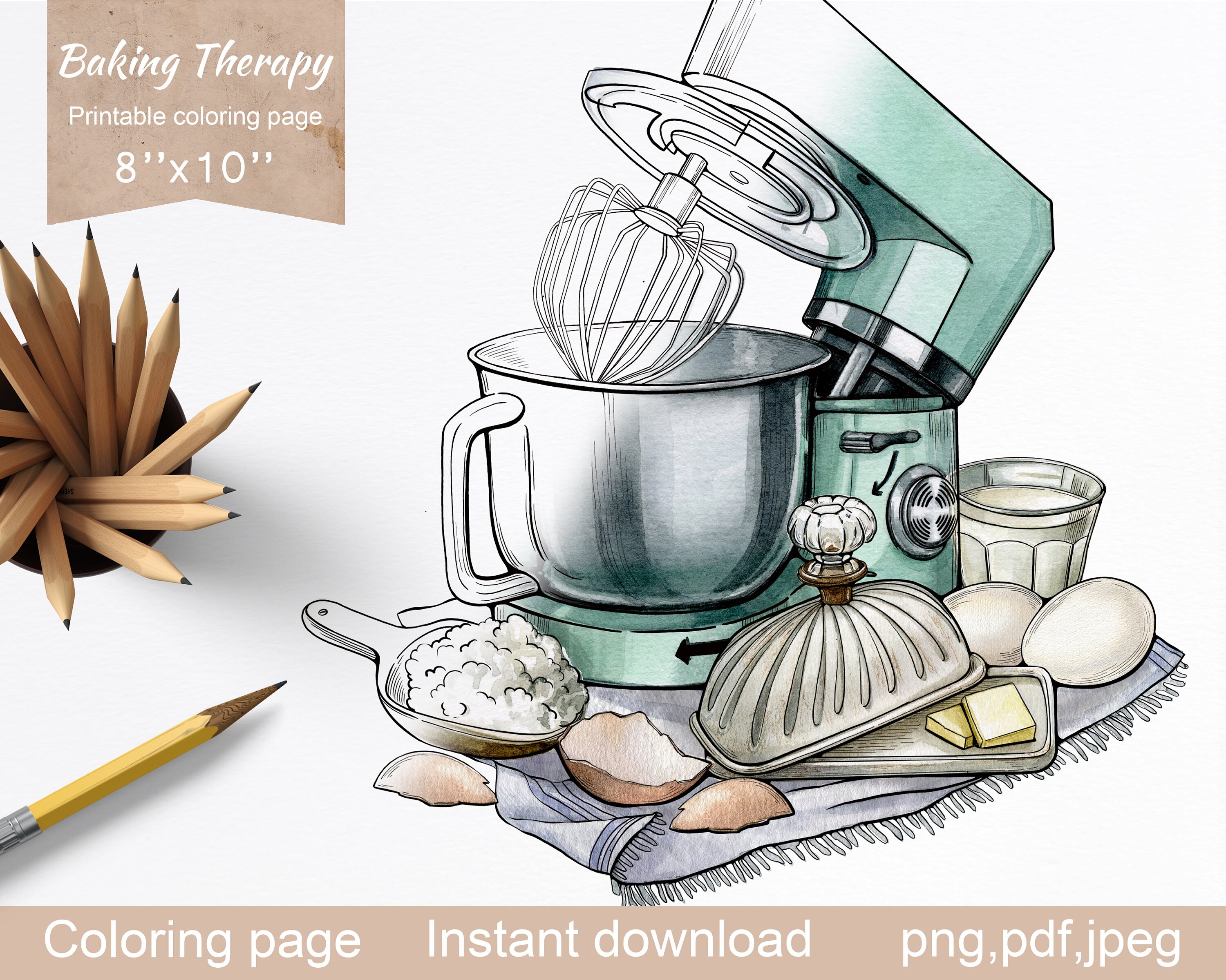 Bakery adult coloring page,Baking supplies coloring page, food coloring,Digital printable coloring sheets, Instant Download PDF,PNG,JPEG