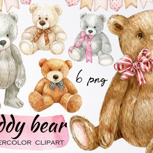 Watercolor teddy bear clipart.Vintage bear digital illustrations, DIY,scrapbooking,Cute kids clip art.Individual PNG, instant download