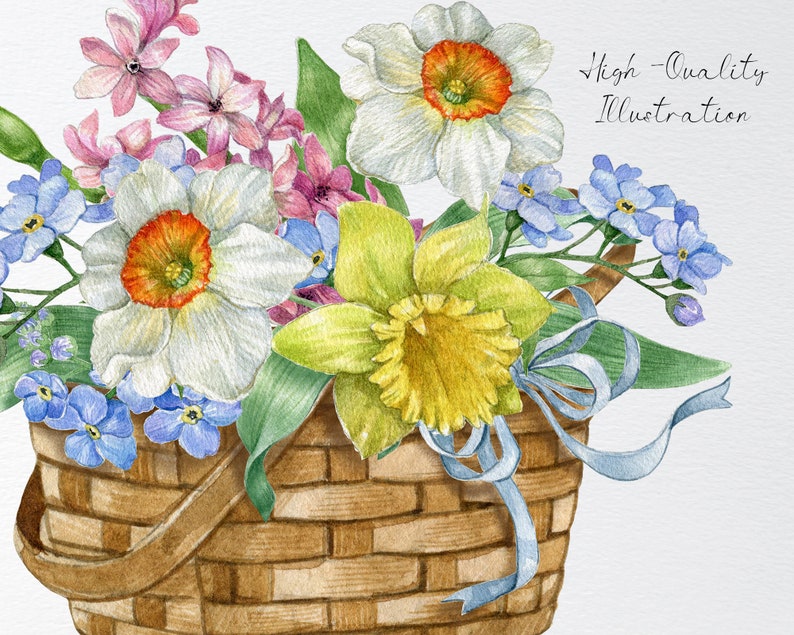 May include: A wicker basket filled with a bouquet of spring flowers. The flowers include white and yellow daffodils, pink hyacinths, and blue forget-me-nots. The basket is tied with a blue ribbon.