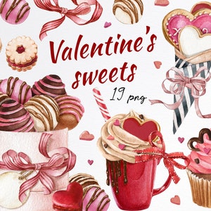 Watercolor Valentines Day Clipart.Cupcake clipart,cake pops,Pink sweets clipart,Heart Cookie,Red hot chocolate mug,Love Wedding graphics.PNG