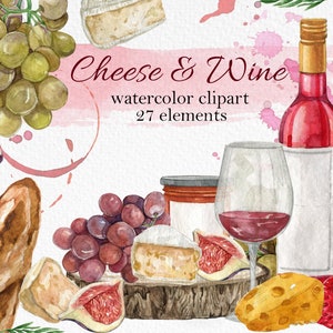 Aquarel wijn & kaas clipart, picknick voedsel clipart, kaasplank clipart, zomer vijgen fruit, Wine Country Vineyard, keuken kookboek clipart