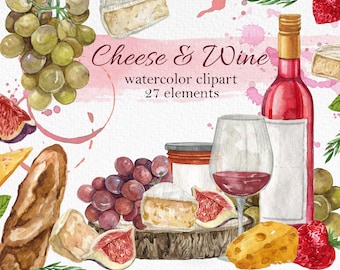 Watercolor Wine & cheese clipart,Picnic food clipart,cheese board clipart,summer figs fruit,Wine Country Vineyard,kitchen cookbook clipart
