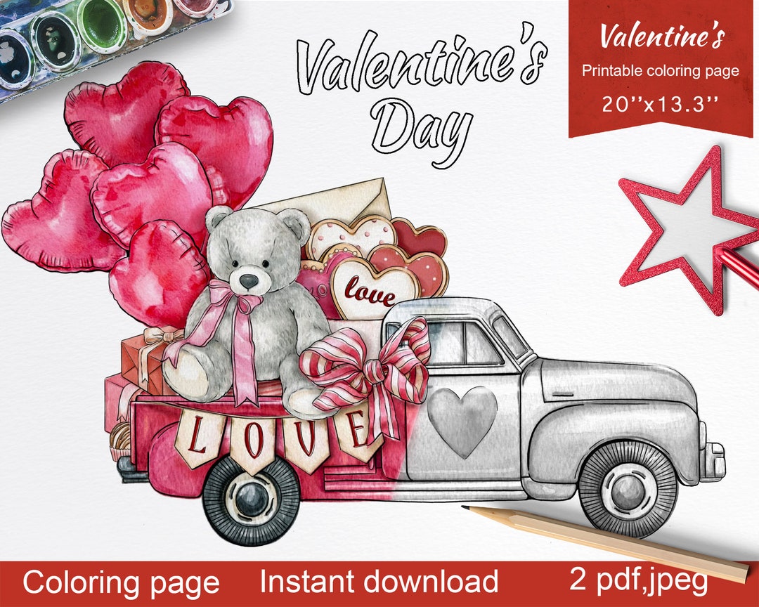 Valentine's Day Truck With Bear Adult Coloring Page,love Coloring Page ...