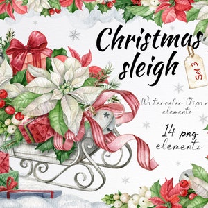 Christmas Sleigh Clipart.watercolor Santa Sleigh With Winter Floral ...