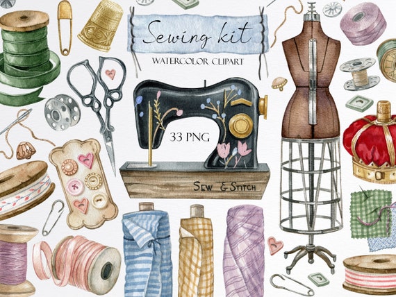Watercolor Vintage Sewing Kit Clipart.embroiderysewing - Etsy