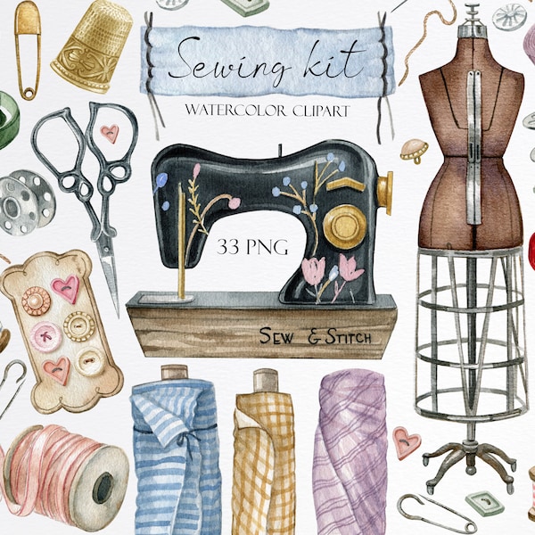 Watercolor vintage sewing kit clipart.Embroidery,Sewing machine,fabric clipart,Mannequin Clipart,Needle,spool of thread,Stitching,Button PNG