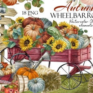 Watercolor pumpkin wagon clipart, Fall harvest wheelbarrow clipart,Autumn farmers market,rustic wooden cart,pre-made composition PNG,digital