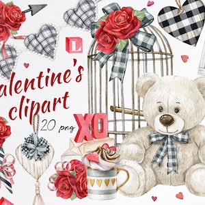 Aquarell Valentinstag Clipart.Rote Rosen Bouquet Clipart,weißer Teddybär,Herz Clipart,Bunting Tag,Liebe Hochzeit Grafiken. Sofort Download