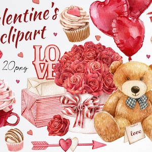 Watercolor Valentines Clipart.Red roses bouquet clipart,teddy bear PNG,Sweets clipart,Baloon clipart,digital red mug,Love wedding graphics.