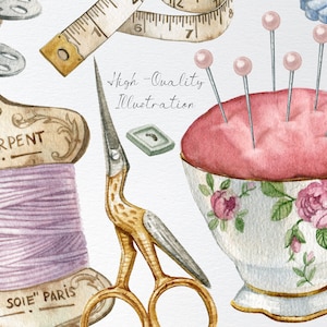 May include: A watercolor illustration of sewing supplies, including a spool of thread labeled "La Soie" Paris, a pair of gold scissors, a vintage-style pincushion in a teacup, and a measuring tape.