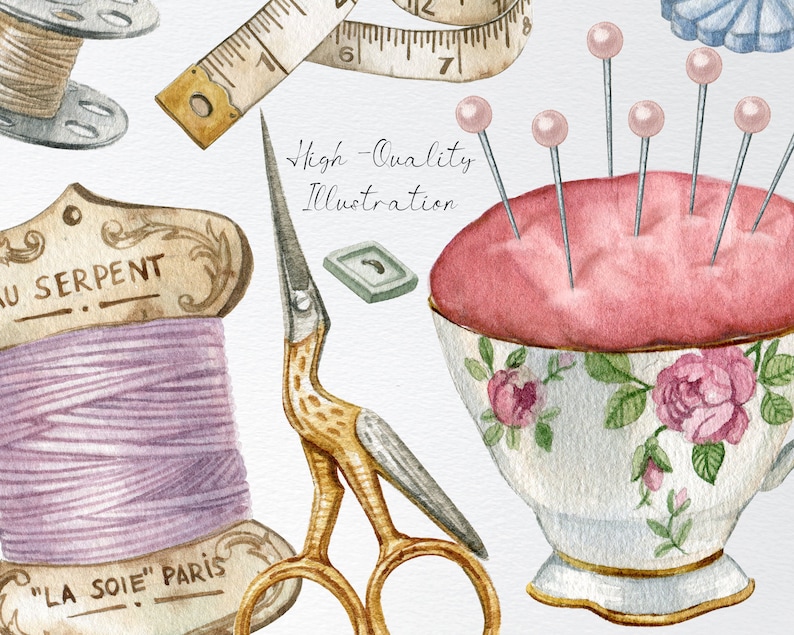 May include: A watercolor illustration of sewing supplies, including a spool of thread labeled "La Soie" Paris, a pair of gold scissors, a vintage-style pincushion in a teacup, and a measuring tape.