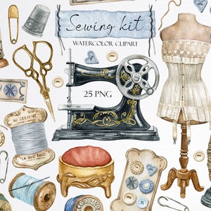 Watercolor vintage sewing kit clipart.Embroidery,Sewing machine,fabric clipart,Mannequin Clipart,Needle,spool of thread,Stitching,Button PNG