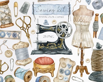 Watercolor vintage sewing kit clipart.Embroidery,Sewing machine,fabric clipart,Mannequin Clipart,Needle,spool of thread,Stitching,Button PNG