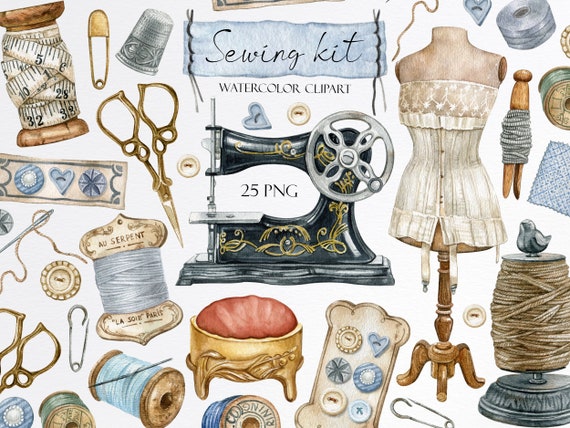 Watercolor vintage sewing kit clipart.Embroidery,Sewing machine,fabric clipart,Mannequin Clipart,Needle,spool of thread,Stitching,Button PNG