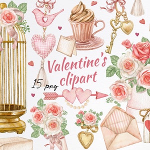 Aquarel Valentijnsdag clipart. Stoffige roos bloem clipart, romantische clipart, gouden sleutel, hart decor, warme chocolade mok, liefde bruiloft graphics.