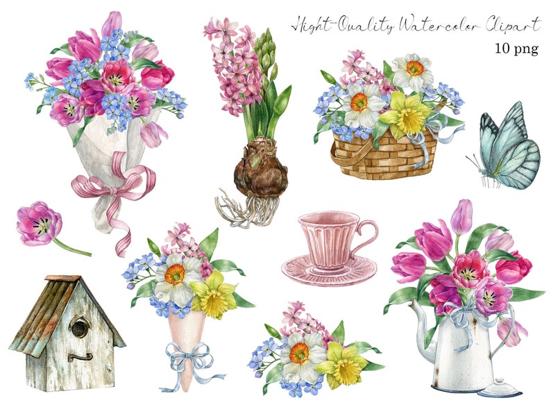 May include: A set of 10 watercolor clipart images featuring various spring flowers, including pink tulips, blue forget-me-nots, yellow daffodils, and purple hyacinths. The clipart also includes a birdhouse, a teacup, a butterfly, and a pitcher with flowers.