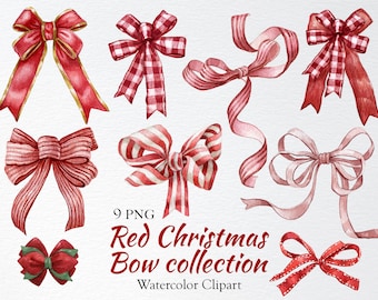 Watercolor red bow clipart,Christmas red ribbon,Buffalo Plaid Bow image,Stripped Bow,Digital farmhouse Bow,Wreath Bow PNG,instant download