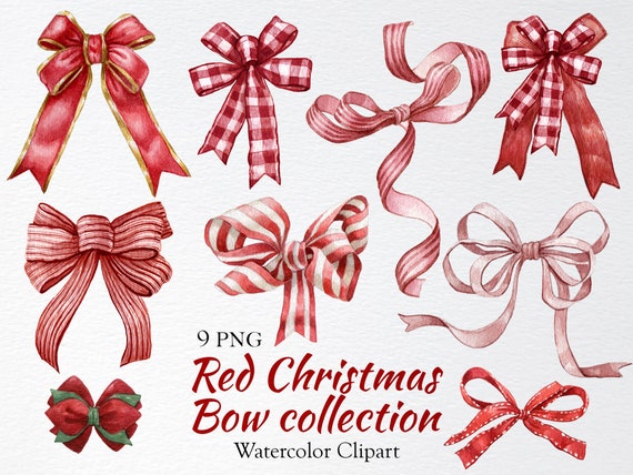 Watercolor red bow clipart,Christmas red ribbon,Buffalo Plaid Bow image,Stripped Bow,Digital farmhouse Bow,Wreath Bow PNG,instant download