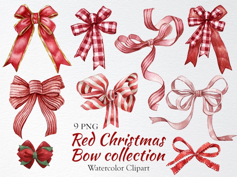 Op de afbeelding: Negen aquarel illustraties van rode kerst strikken in verschillende stijlen. De strikken zijn in verschillende tinten rood en wit, sommige met strepen of ruitjes. De strikken zijn perfect om een feestelijke touch toe te voegen aan je kerst knutselwerk en ontwerpen.