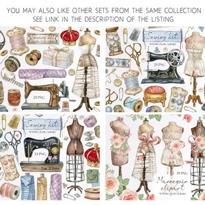 May include: A set of watercolor illustrations featuring sewing supplies and mannequins. The illustrations include a sewing machine, spools of thread, scissors, buttons, a thimble, a pincushion, and a dress form. The illustrations are in a vintage style and are perfect for crafting projects, scrapbooking, or adding a touch of whimsy to your designs.