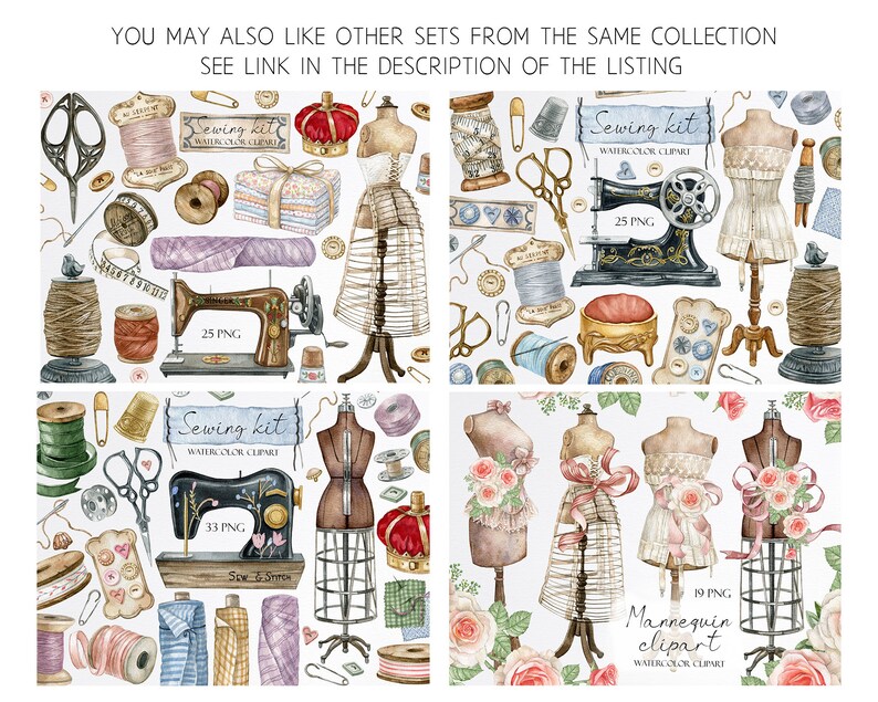 May include: A set of watercolor illustrations featuring sewing supplies and mannequins. The illustrations include a sewing machine, spools of thread, scissors, buttons, a thimble, a pincushion, and a dress form. The illustrations are in a vintage style and are perfect for crafting projects, scrapbooking, or adding a touch of whimsy to your designs.