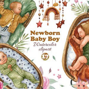 Clipart de menino recém-nascido, Clipart de bebê aquarela, Menino dormindo, Clipart de maternidade, Convites de chá de bebê boho, Berçário de crianças recém-nascidas, Digital, PNG