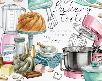 Watercolor bakery clipart.Baking supplies clipart,bakery logo design,digital food  clipart,retro style.Vintage Kitchen Utensils,Cooking.PNG.