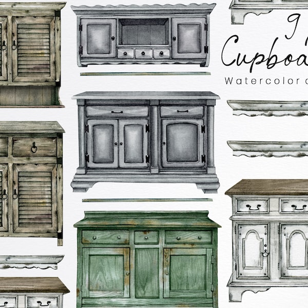 Aquarell Vintage Küche Clipart, alte Schrank Möbel,Bauernhaus Küche,Cottage Illustration,Interieur Szene Schöpfer,sofort download,PNG