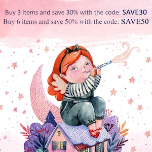 May include: Watercolor illustration of a child with red hair playing a flute, seated on a crescent moon above a house. The image has a pink background with stars and text that reads "Buy 3 items and save 30% with the code: SAVE30" and "Buy 6 items and save 50% with the code: SAVE50".
