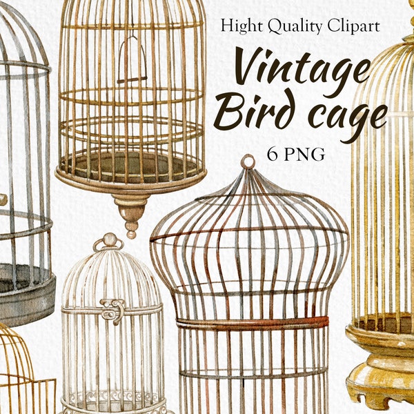 Watercolor vintage bird cage clipart.Digital birdcage bundle,Bird cage silhouette,Hand painted golden cage PNG,Instant download.