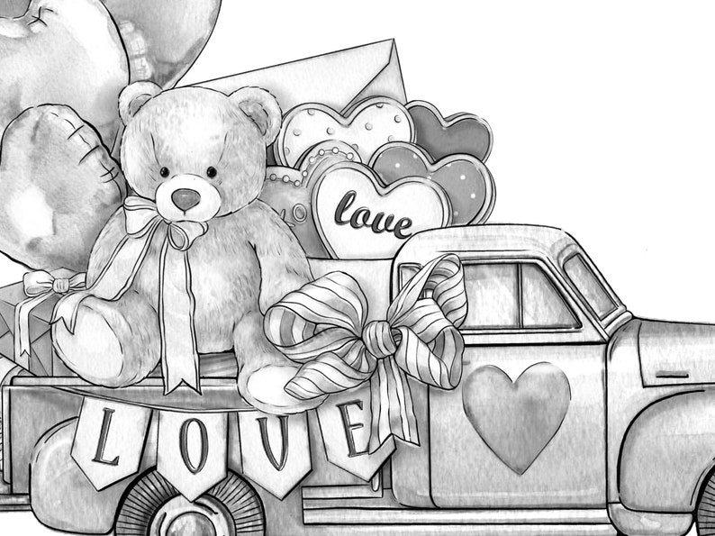 Valentine's Day Truck With Bear Adult Coloring Pagelove - Etsy