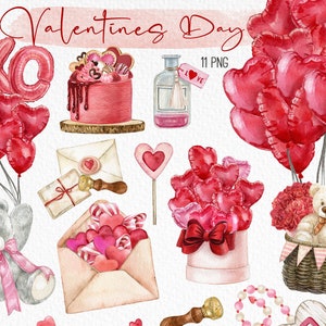 Acuarela imágenes prediseñadas del día de San Valentín, globo aerostático en forma de corazón, oso de peluche, pastel, gráficos de cartas de amor, descarga instantánea, sublimación, digital, PNG