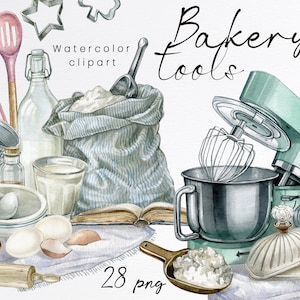 Clipart de padaria em aquarela.Clipart de suprimentos de cozimento, design de logotipo de padaria, clipart de comida digital, estilo retro.Utensílios de cozinha vintage,Cooking.PNG.