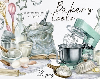 Watercolor bakery clipart.Baking supplies clipart,bakery logo design,digital food  clipart,retro style.Vintage Kitchen Utensils,Cooking.PNG.