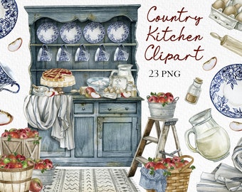 Watercolor vintage kitchen clipart,premade baking logo design,Old cupboard furniture,farmhouse PNG,interior scene creator,instant download