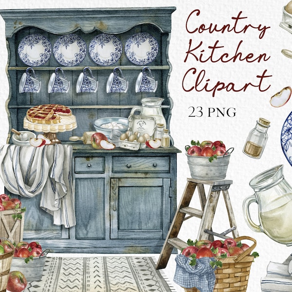 Watercolor vintage kitchen clipart,premade baking logo design,Old cupboard furniture,farmhouse PNG,interior scene creator,instant download