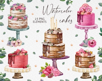 Watercolor cake clipart, Cake logo design,Watercolor birthday cake,Boho wedding cake,Sweets Clipart,Chocolate cake PNG,cake stand clipart