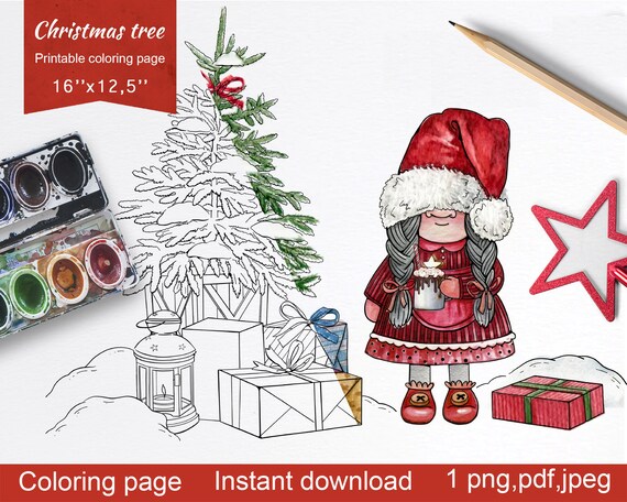 Christmas Gnome Adult Coloring Pagexmas Tree Coloring Page