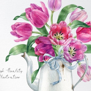 May include: A watercolor painting of a bouquet of pink tulips in a white pitcher with a blue ribbon. The pitcher has a rustic, vintage look.