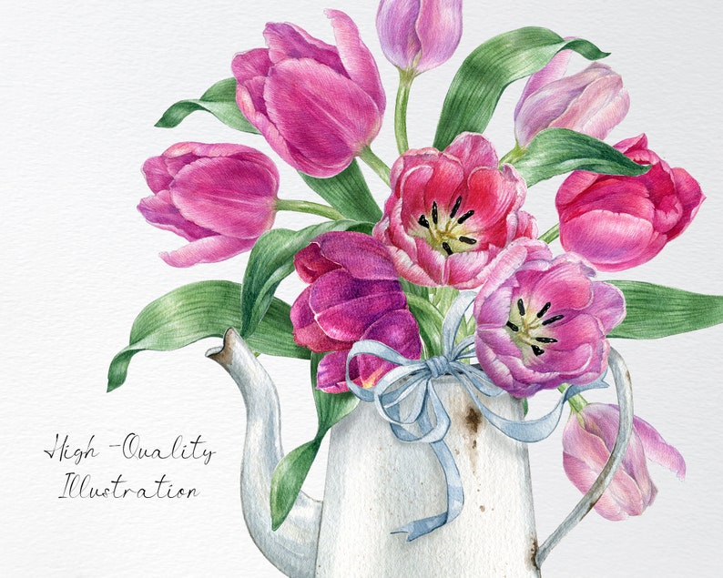 May include: A watercolor painting of a bouquet of pink tulips in a white pitcher with a blue ribbon. The pitcher has a rustic, vintage look.