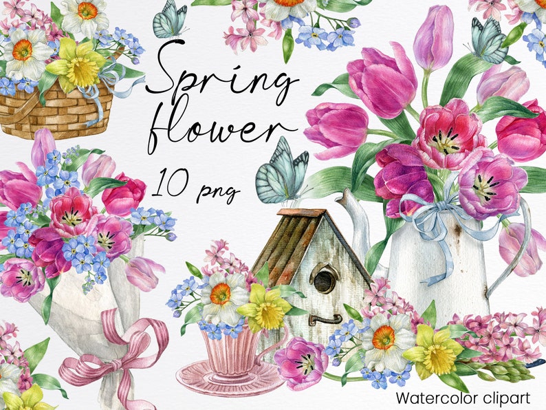 May include: Watercolor clipart featuring a collection of spring flowers, including tulips, daffodils, forget-me-nots, and hyacinths. The flowers are arranged in a basket, a bouquet, a teacup, and a watering can. The clipart also includes a birdhouse and a butterfly.