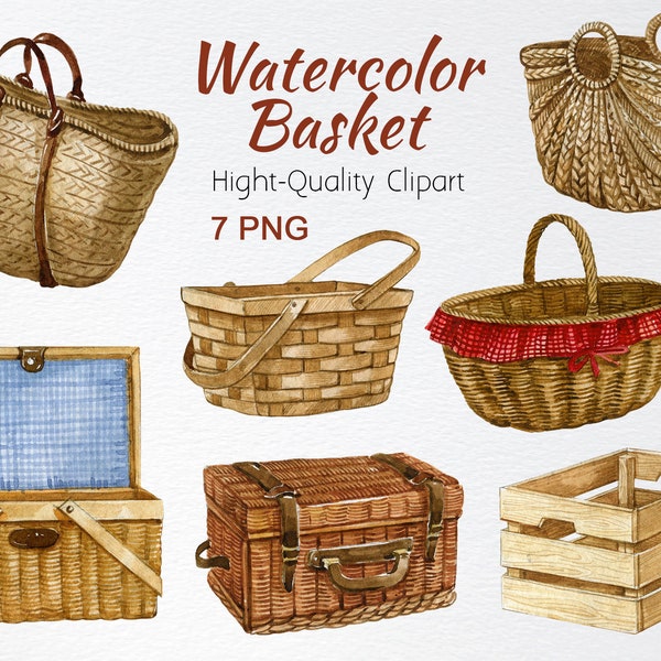 Watercolor empty basket clipart, Wicker basket clipart,Wooden box clipart,Farmhouse rustic basket,picnic basket clipart,watercolor gardening