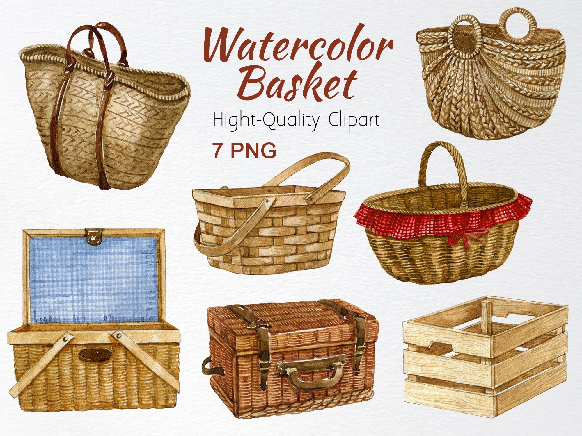 Watercolor Empty Basket Clipart, Wicker Basket Clipart,wooden Box Clipart,farmhouse  Rustic Basket,picnic Basket Clipart,watercolor Gardening -  Sweden