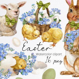 Clipart di Pasqua ad acquerello, clipart di coniglietto di Pasqua, cestino delle uova, pulcino, vacanze di primavera, agnello carino, pecora bianca, illustrazione, download immediato, PNG